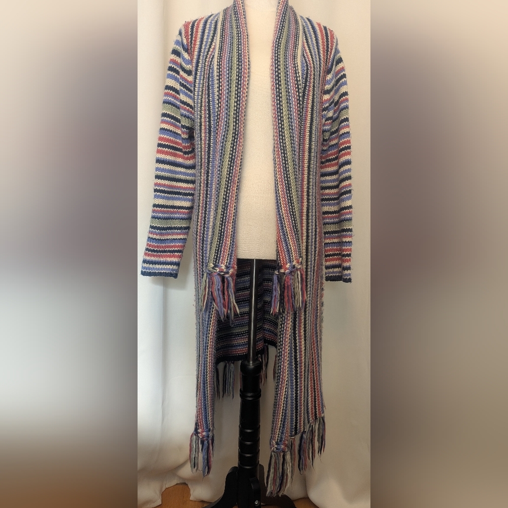 Hannah Long Fringed Striped Cardigan, Size M